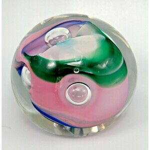 VINTAGE Karg Studio Blown Glass 3" Round Paperweight - Internal Bubbles -Signed